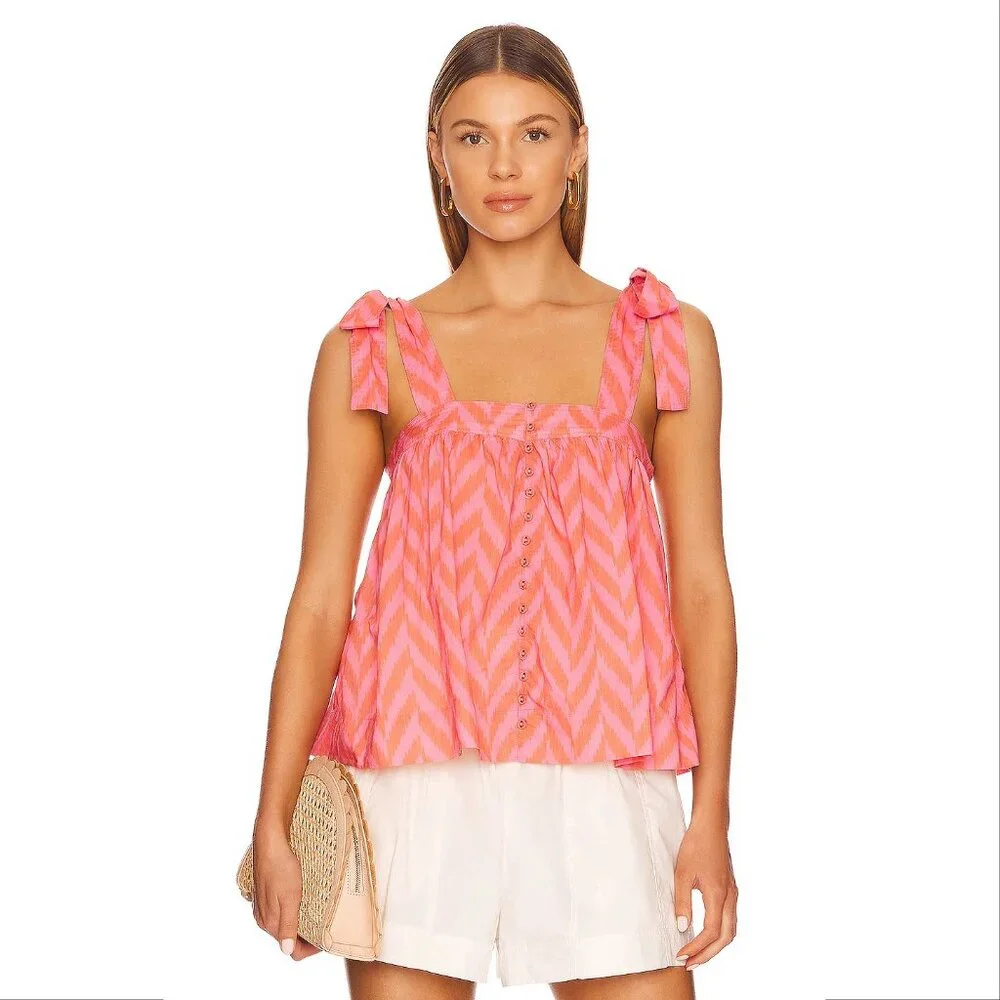 ULLA JOHNSON Iris Tank Size 8 Tie Shoulder Bougainvillea Chevron Poplin NEW $245 - Picture 4 of 16